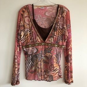 Boho 2pc Floral top w Brown camisole liner